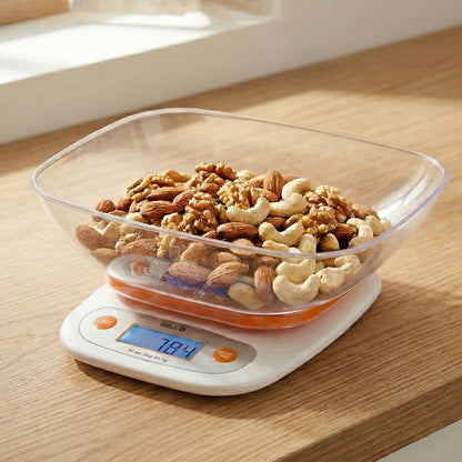 Digital Kitchen Weighing Scale with LCD Display, Tare Function, up to 5KG, Portable Food Weight Machine for Health, Fitness, Home Baking & Cooking - KS501M (White)