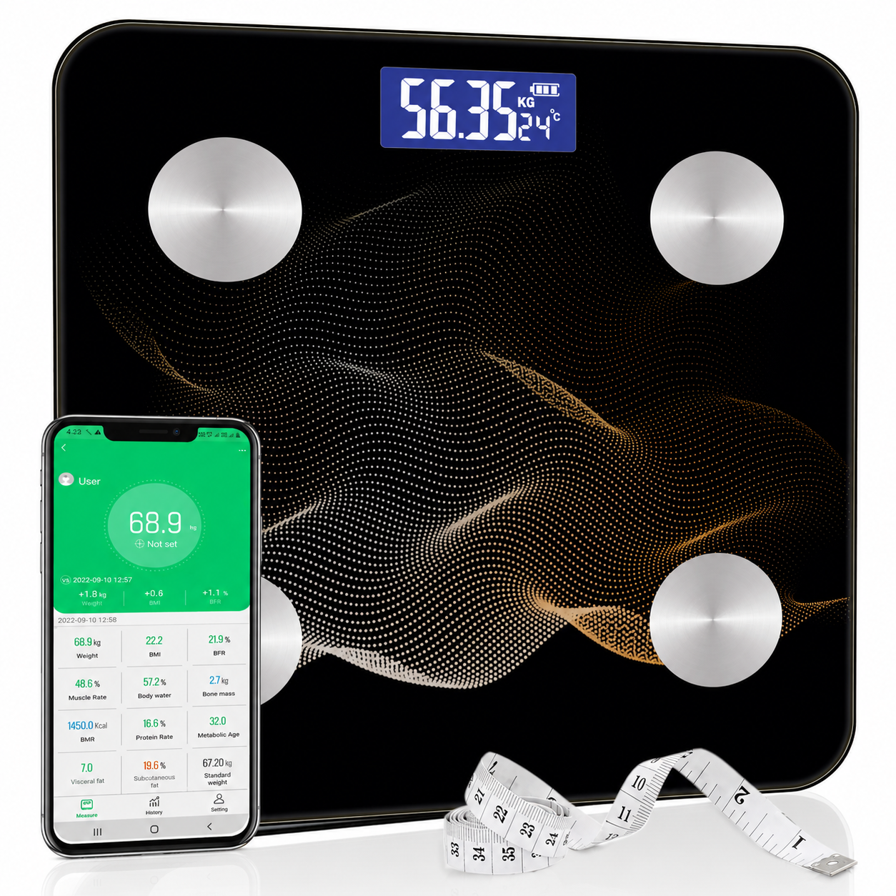 Advanced BMI Weight Machine,Body Fat Analyzer With Smart Circut For Longer Battery, Sync With App, 18 Body Metrics Weighing Scale (Midnight Shadow)1 YR Warranty,Free Assorted MeasuringTape