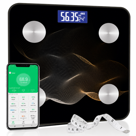 Advanced BMI Weight Machine,Body Fat Analyzer With Smart Circut For Longer Battery, Sync With App, 18 Body Metrics Weighing Scale (Midnight Shadow)1 YR Warranty,Free Assorted MeasuringTape